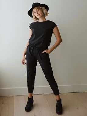 Albion Black Cap-Sleeve Jumpsuit with Drawstring Waist